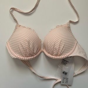 Pink striped ruffled bikini top